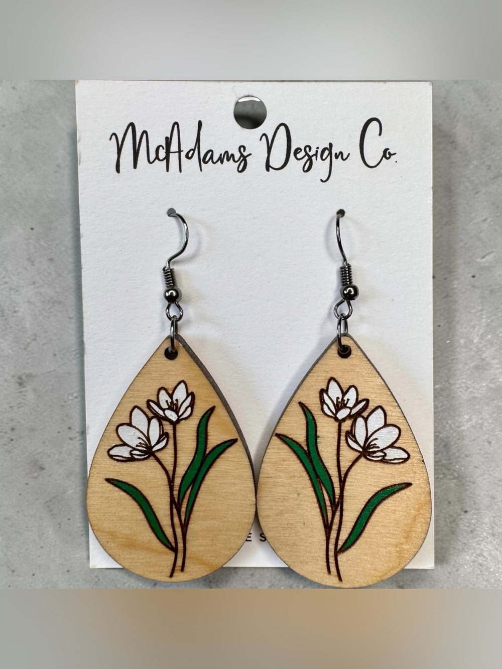McAdams Design Co. Wooden Teardrop Floral Earrings - Natural & Green